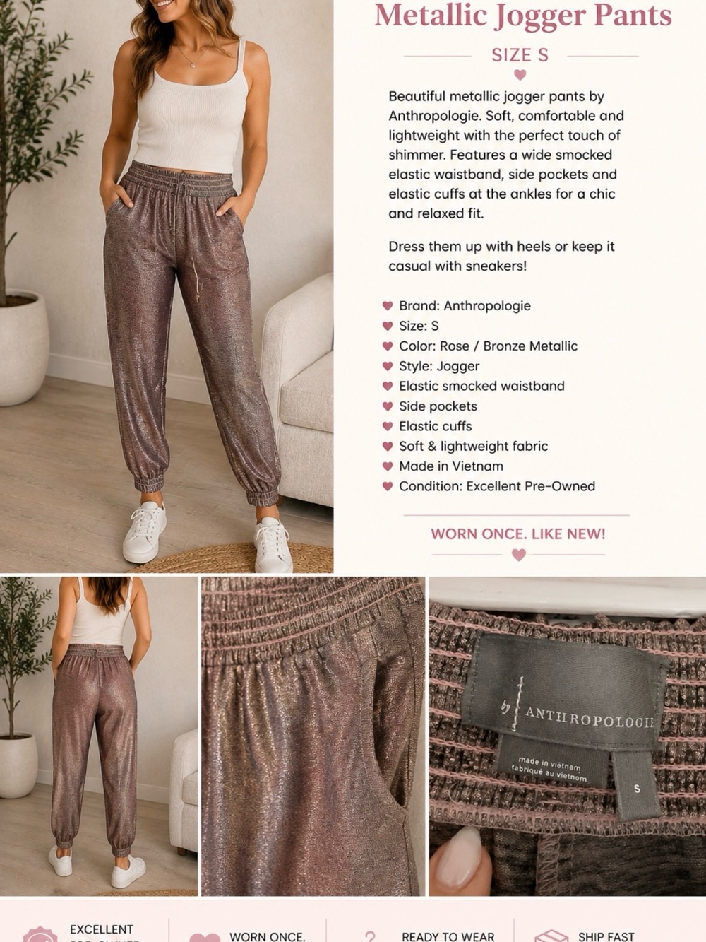 Anthropologie Metallic Rose Bronze Jogger Pants Size S